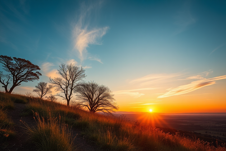 Generate a high-resolution image of a serene landscape at golden hour with vibrant colors, using a Canon EOS R5, 50mm lens, aperture f/1.8, ISO 100, shutter speed 1/200s, in a wide-angle perspective for enhanced depth and detail.