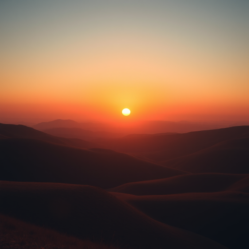 create a smooth gradient landscape at sunset with rounded hills and a large sun in warm earthy tones, shot with a Canon EOS R5 at f/8, 1/60s, ISO 200, wide-angle lens, top-down view, soft focus for a vintage aesthetic