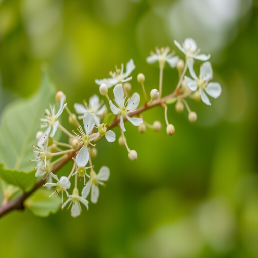 a close-up photograph of delicate white flowers blooming on a green leafy branch in soft focus with a blurred green background