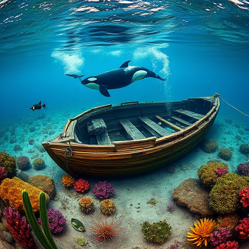 Create a vibrant underwater scene featuring an orca swimming near a sunken wooden boat on the ocean floor, with colorful marine life and vegetation, using a wide-angle lens at f/8, ISO 200, 1/125 sec, shot with a DSLR camera to enhance detail and clarity.