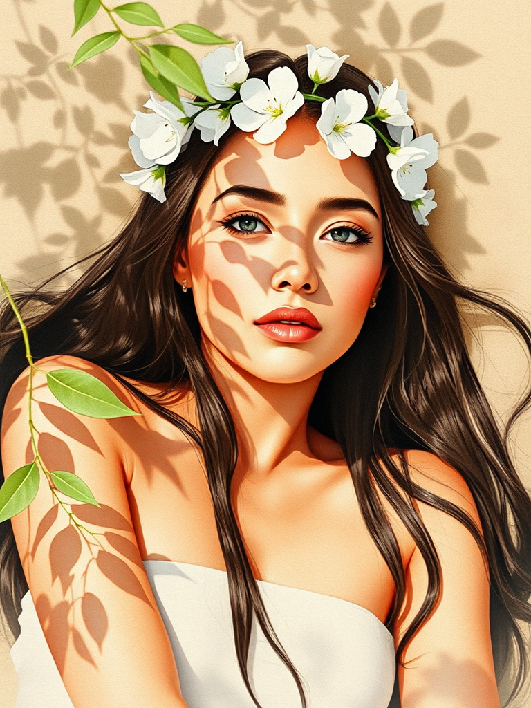 create a watercolor painting of an ethereal portrait of beautiful Aymara woman with a simple white flower crown on her head. Her hair is long and she is lying on the ground. The sunlight on the trees casts shadows from the leaves on her face and body. The background is a neutral brown color that matches her skin tone. The image is minimalist and solid colors. This style is characterized by soft, delicate brushstrokes and a light, airy, contrasting color palette. High level of detail and play of light