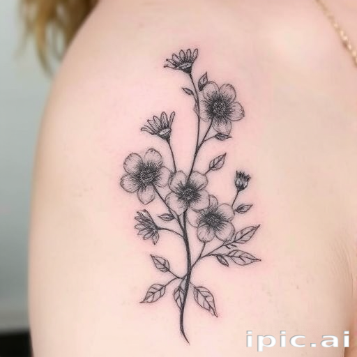 Fine line botanical tattoo titled "Whispers of Flora" depicting delicate flowers and leaves with intricate details and soft shading creating a subtle and elegant nature-inspired design