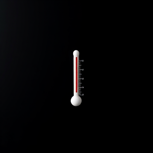 Create a high-resolution image of a simple white thermometer on a black background, using a DSLR camera with a 50mm lens, aperture set to f/2.8, ISO 100, and a shutter speed of 1/200 seconds, capturing the scene from a front view in natural lighting.