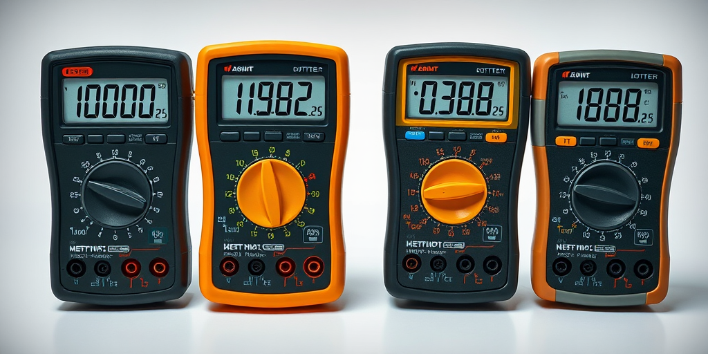Regenerate an image of four digital multimeters displaying measurements, using a macro lens, focus set to 1.5 feet, aperture at f/8 for depth of field, ISO 100 for clarity, and a softbox light source for even illumination.