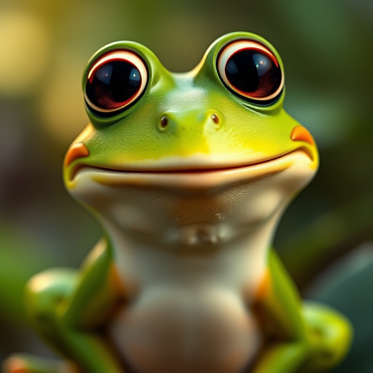Create a high-resolution image of a cartoon frog with a big smile, using a DSLR camera, f/2.8 aperture, 50mm lens, and a shallow depth of field to enhance detail while softly blurring the background.