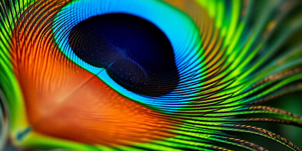 macro shot of a peacock feather with vibrant colors and intricate details, focusing on the eye pattern, shallow depth of field, f/2.8 aperture, ISO 100, 100mm lens, natural lighting, DSLR camera, high-resolution quality
