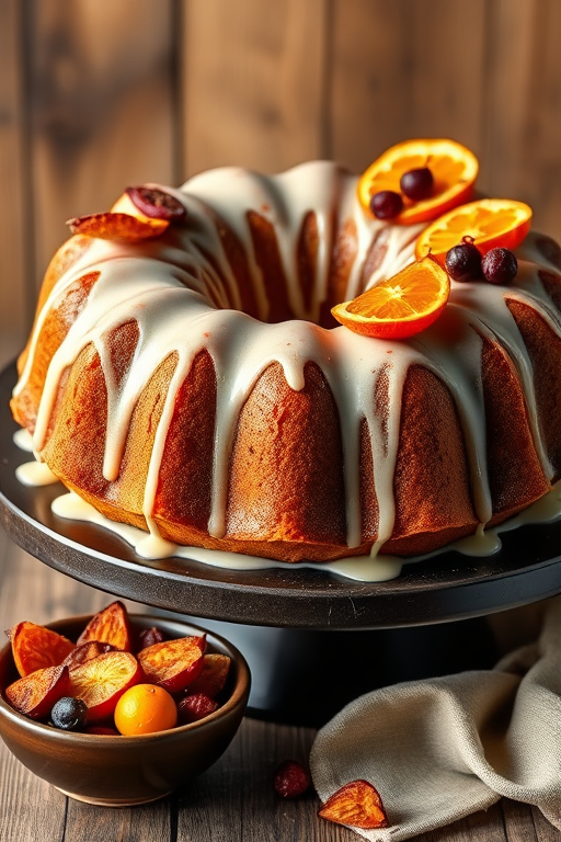 Create an image of a beautifully decorated bundt cake with a glossy icing drizzle and topped with colorful dried fruit slices including oranges and apricots placed on a dark round cake stand with a rustic wooden background and a small bowl of additional dried fruit in the foreground.