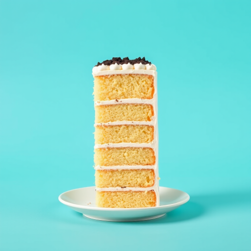 Create an image of a tall, layered cake with light yellow sponge layers and a creamy frosting. The cake should have a textured top sprinkled with chocolate crumbs. Place it on a simple white plate against a vibrant turquoise background.