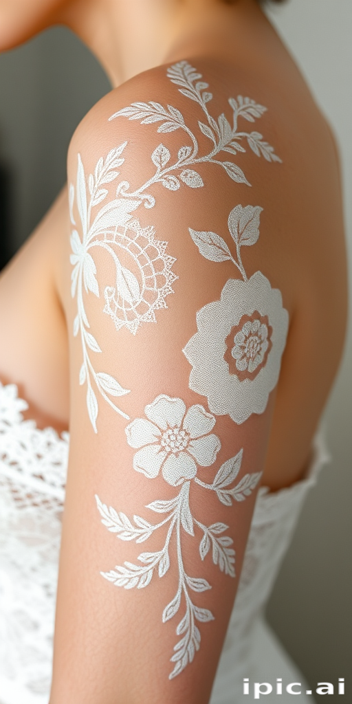 Ethereal white ink tattoo showcasing delicate lace patterns and intricate floral designs, visible as a subtle raised texture on the skin for a elegant and understated look