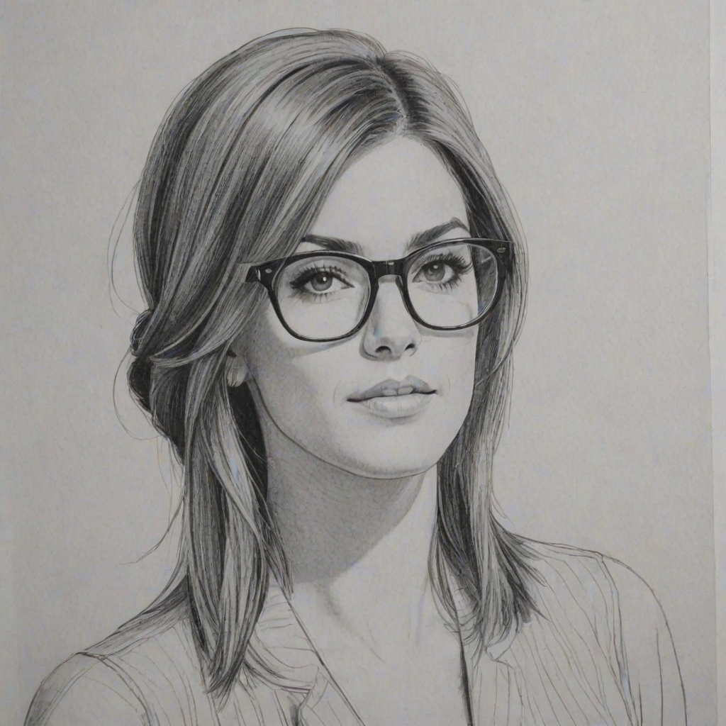 Stunning Cassadee Pope, pencil sketch, portrait of Superb woman 1965s in glasses, hair style beatnik, outline, clear lines, fine lines, 8k