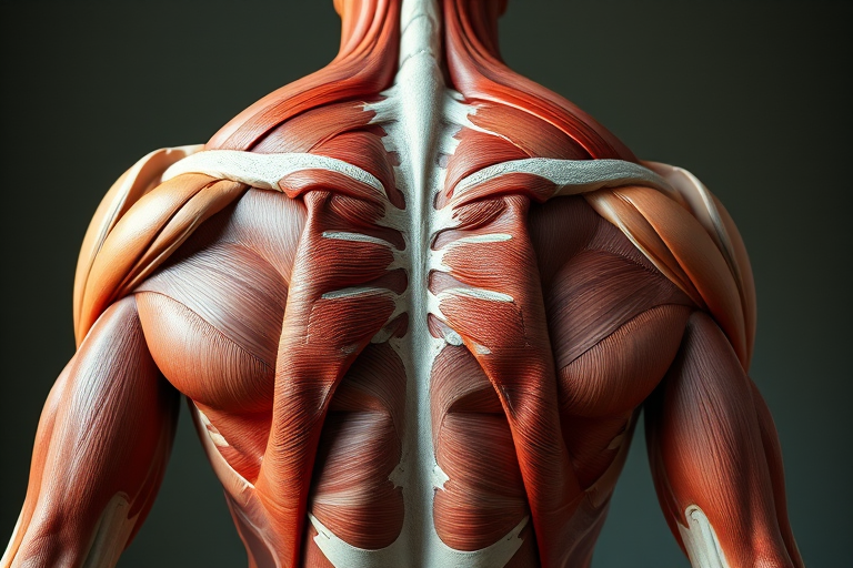 Create a detailed anatomical illustration of the human back muscles, focusing on the intricate structures and textures, shot with a Canon EOS R5, 85mm f/1.2 lens, aperture set to f/4, ISO 100, in natural lighting, high-resolution digital art style.