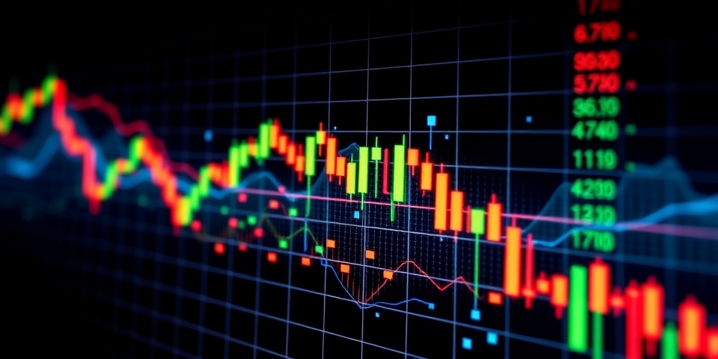 Create a high-resolution digital illustration of a stock market graph with colorful candlestick patterns and data points, using a wide-angle lens at f/8, 1/125s shutter speed, and ISO 100 to enhance clarity and detail, in a sleek, modern style.