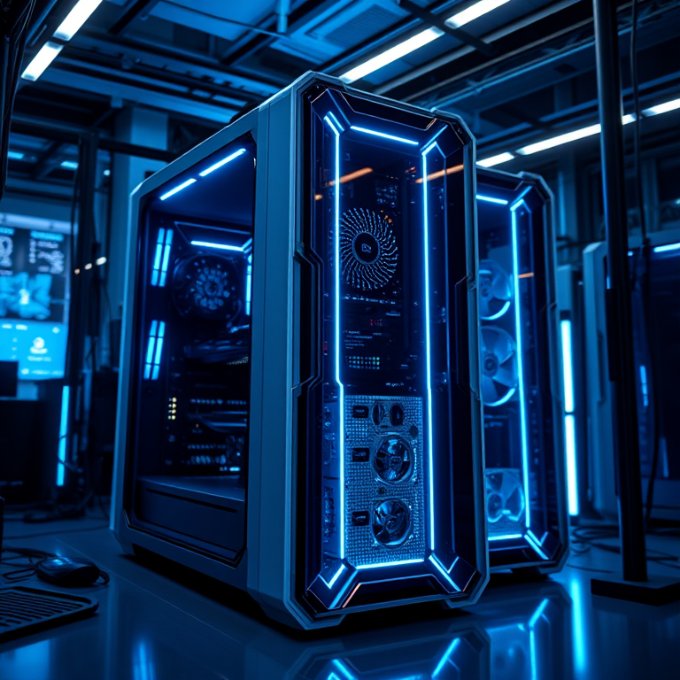 A futuristic computer mainframe in a modern tech environment, illuminated with cool blue LED lights, taken with a DSLR camera at f/1.8, ISO 200, 35mm focal length, wide-angle view, high dynamic range photography to enhance details and clarity.