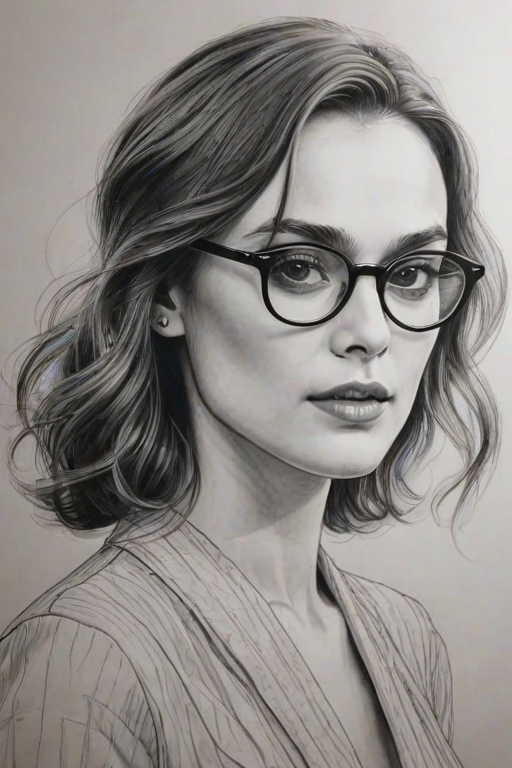 Wonderful Keira Knightley, pencil sketch, portrait of Bewitching woman 1930s in glasses, hair style beatnik, outline, clear lines, fine lines, 8k