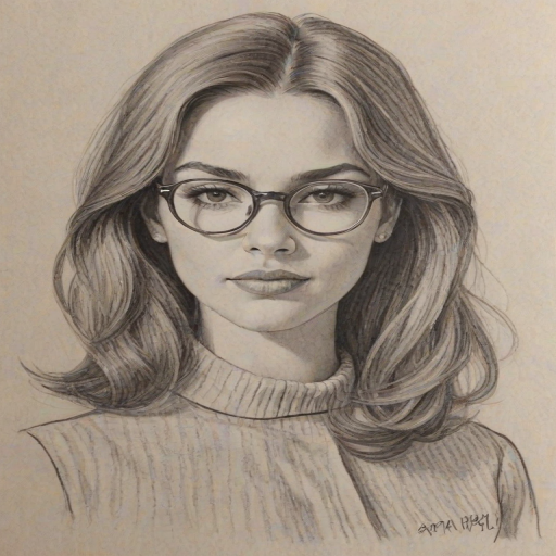 Charming Madison Bailey, pencil sketch, portrait of Splendid woman 1969s in glasses, hair style beatnik, outline, clear lines, fine lines, 8k