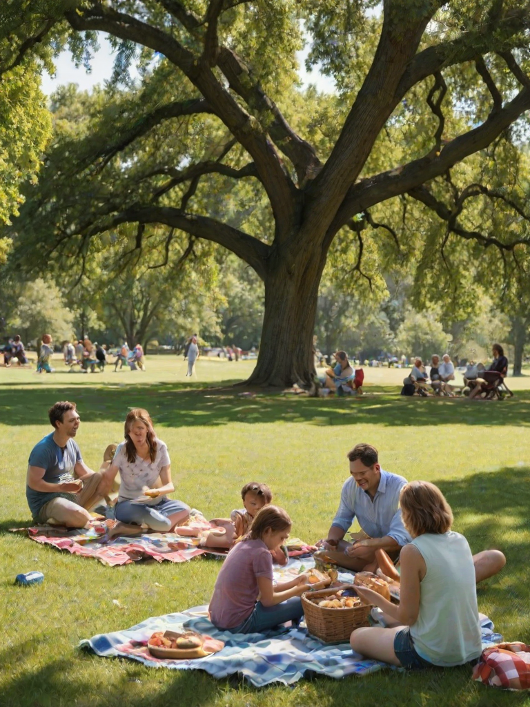 Family gathering at a picnic in the park, blankets spread out on the grass, children playing frisbee nearby, and adults enjoying sandwiches and laughter under the shade of a large oak tree.