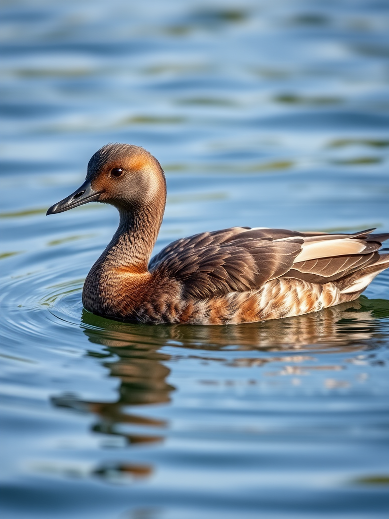a close-up of a swimming bird in calm water, focus on the elegant details of its feathers, soft natural lighting, f/4 aperture, 1/250 shutter speed, ISO 100, shot with a DSLR camera, 50mm lens, shallow depth of field, capture the texture and ripples in the water