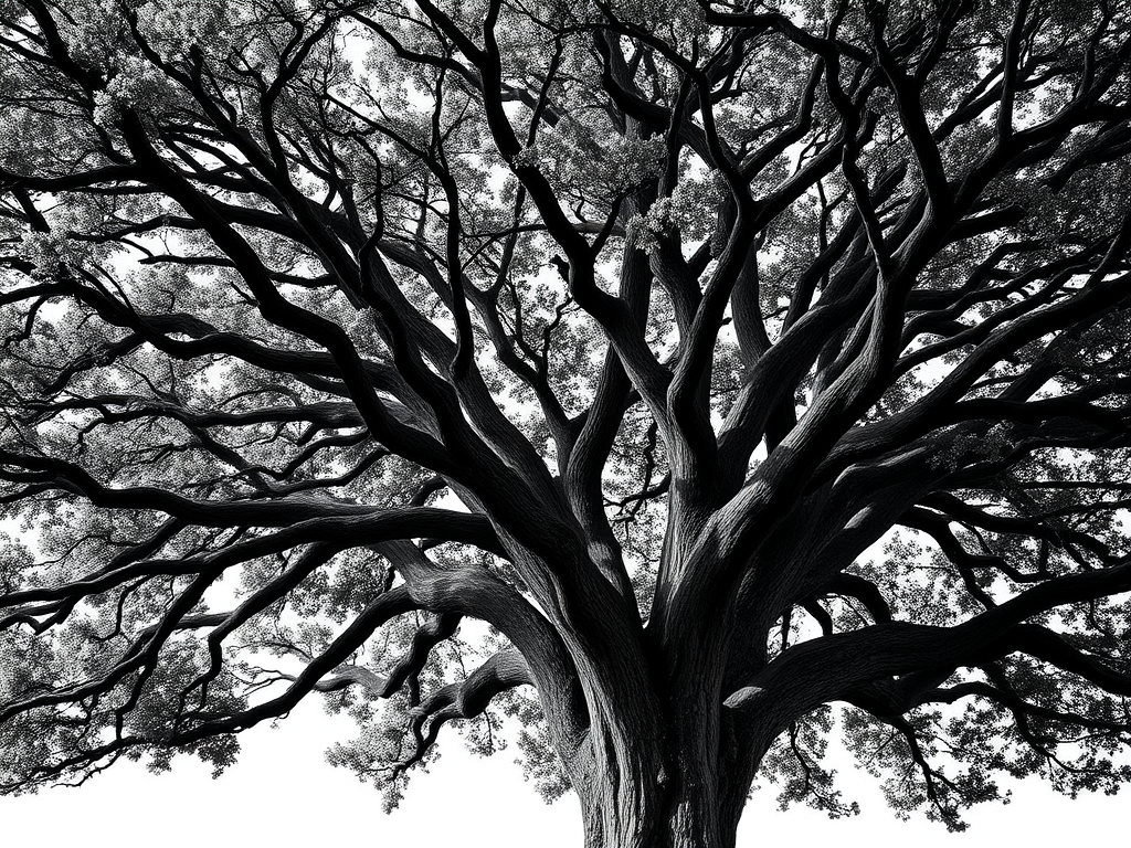 Generate a high-contrast black and white illustration of a large tree with intricate branches and leaves, captured using a DSLR camera at f/8 aperture, ISO 200, 1/200 sec shutter speed, in a vertical orientation with a shallow depth of field to enhance detail and texture.