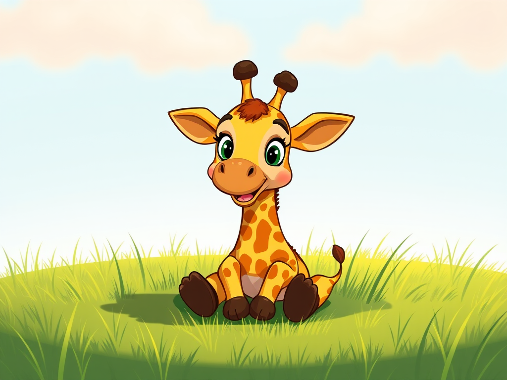 create a whimsical illustration of a cartoon giraffe sitting on grass with exaggerated facial expressions, use a vibrant color palette, set the camera to f/4.0 for a shallow depth of field, use a 35mm lens for a natural perspective, and apply a digital art style for enhanced clarity and detail