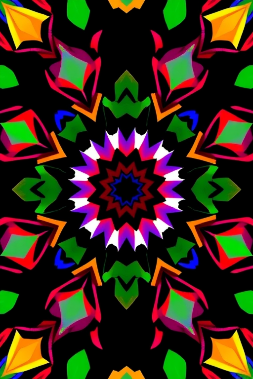 create a vibrant geometric pattern with colorful shapes on a black background, using a high-resolution camera with a 50mm lens, f/2.8 aperture, ISO 100, and a top-down perspective to enhance visual clarity and detail
