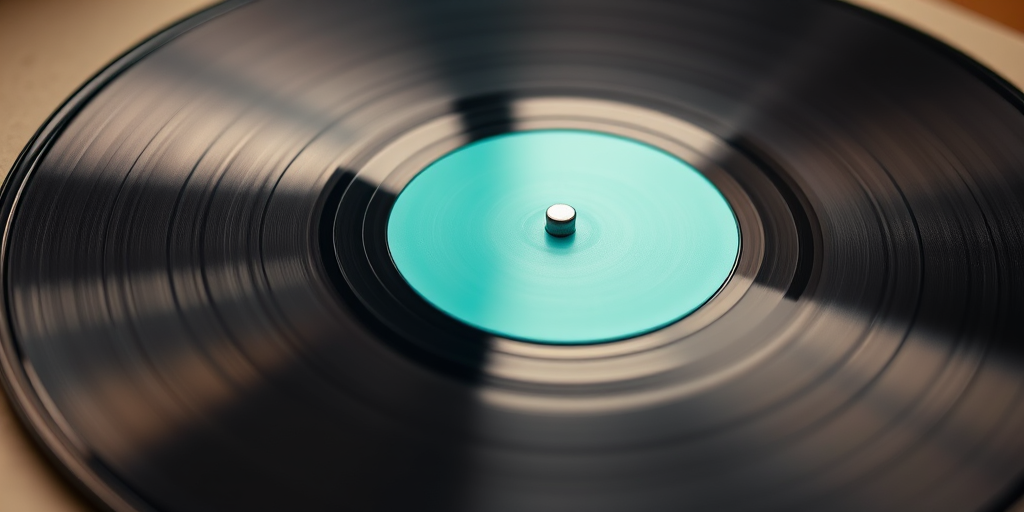 Create a high-resolution image of a vinyl record with a turquoise center, shot in macro view using a DSLR camera at f/2.8 aperture, 1/125 sec shutter speed, ISO 100, soft diffused lighting.