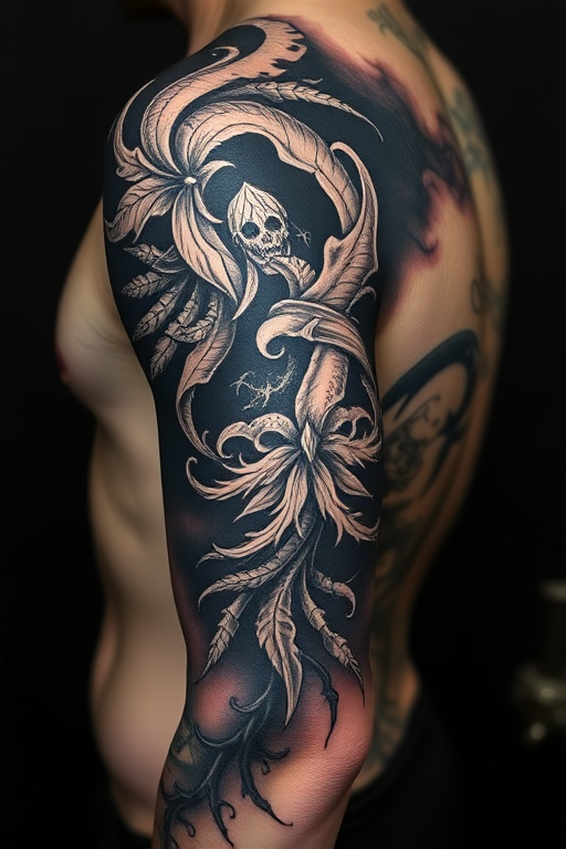 Blackout tattoo named "Void Embrace" featuring large areas of solid black ink with intricate white ink designs etched on top, creating a striking contrast and unique reversal of traditional tattoo aesthetics