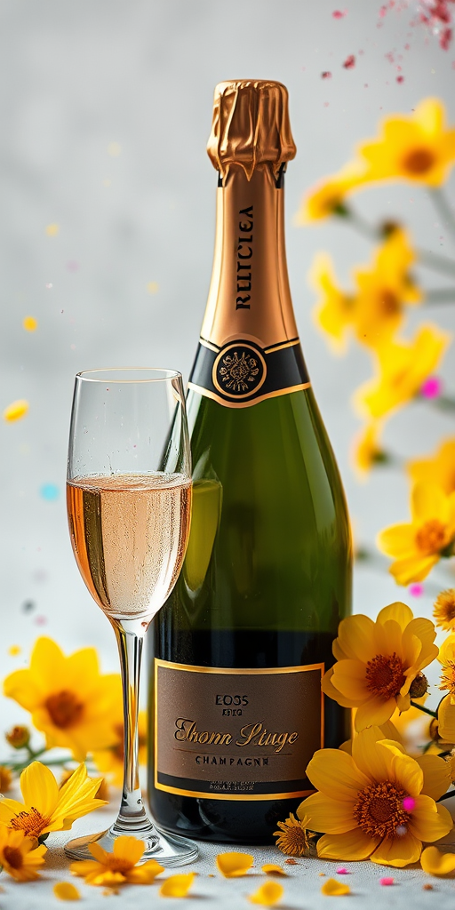 Create a high-resolution artistic image of a champagne bottle next to a filled champagne flute, surrounded by yellow flowers and colorful splashes, using a Canon EOS R5, 50mm lens, f/1.8 aperture, ISO 100, soft natural lighting, and a shallow depth of field for a dreamy effect.