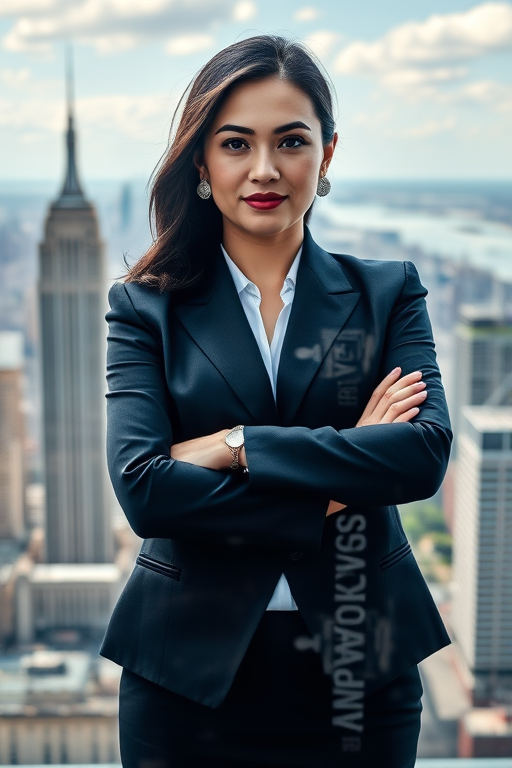 Create a double exposure image of a professional businesswoman with her arms crossed over a skyline, using a Canon EOS 5D Mark IV, 50mm lens at f/1.8, ISO 100, natural daylight, portrait orientation for enhanced clarity and depth.