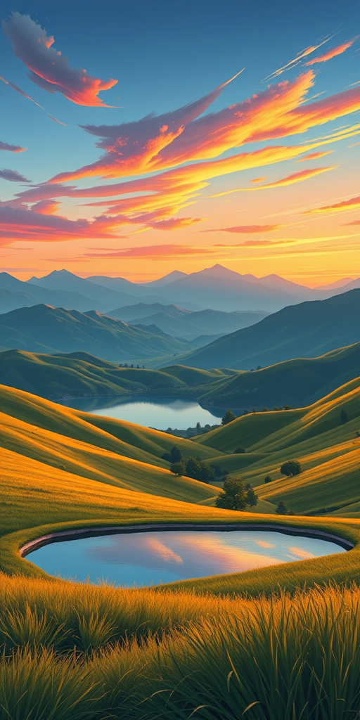 Create an illustration of a serene landscape featuring rolling hills, a tranquil lake reflecting the sky, and a sunset with vibrant colors, using a DSLR camera at f/8 aperture, ISO 200, 24mm focal length, landscape orientation, and a wide-angle lens to capture depth and detail.