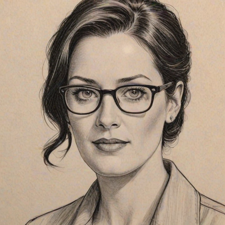 Exquisite Paget Brewster, pencil sketch, portrait of Gorgeous woman 1951s in glasses, hair style beatnik, outline, clear lines, fine lines, 8k