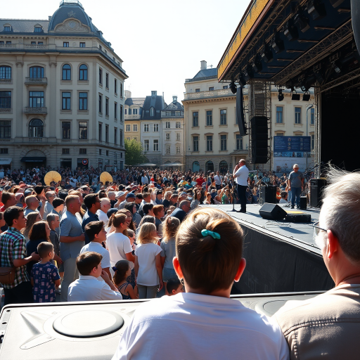 Create an outdoor scene capturing a large crowd watching a live performance on a stage, with children singing, bright sunlight, and historical buildings in the background, using a Canon EOS R5 with a 24-70mm f/2.8 lens, aperture f/8, shutter speed 1/250s, ISO 200, focal length 50mm, clear view, vibrant colors, and sharp focus.