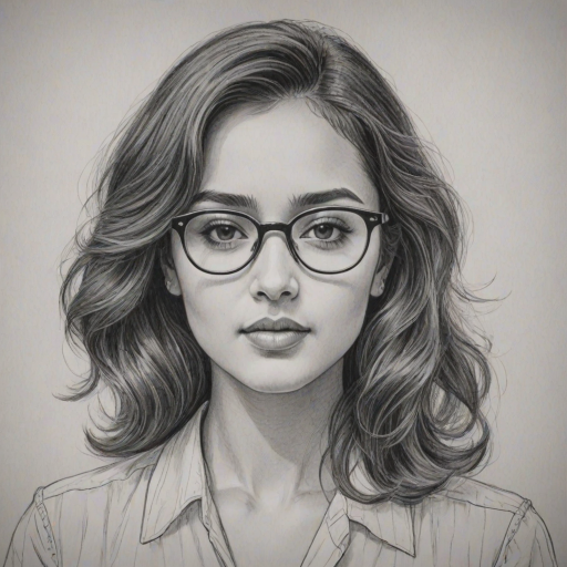 Alluring Summer Bishil, pencil sketch, portrait of Delightful woman 1945s in glasses, hair style beatnik, outline, clear lines, fine lines, 8k