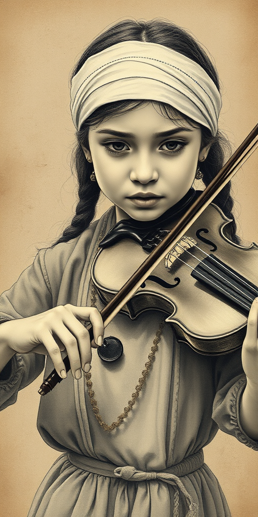 a young M'tis woman with a white headband playing a violin, in the style of a charcoal drawing, sepia grunge background