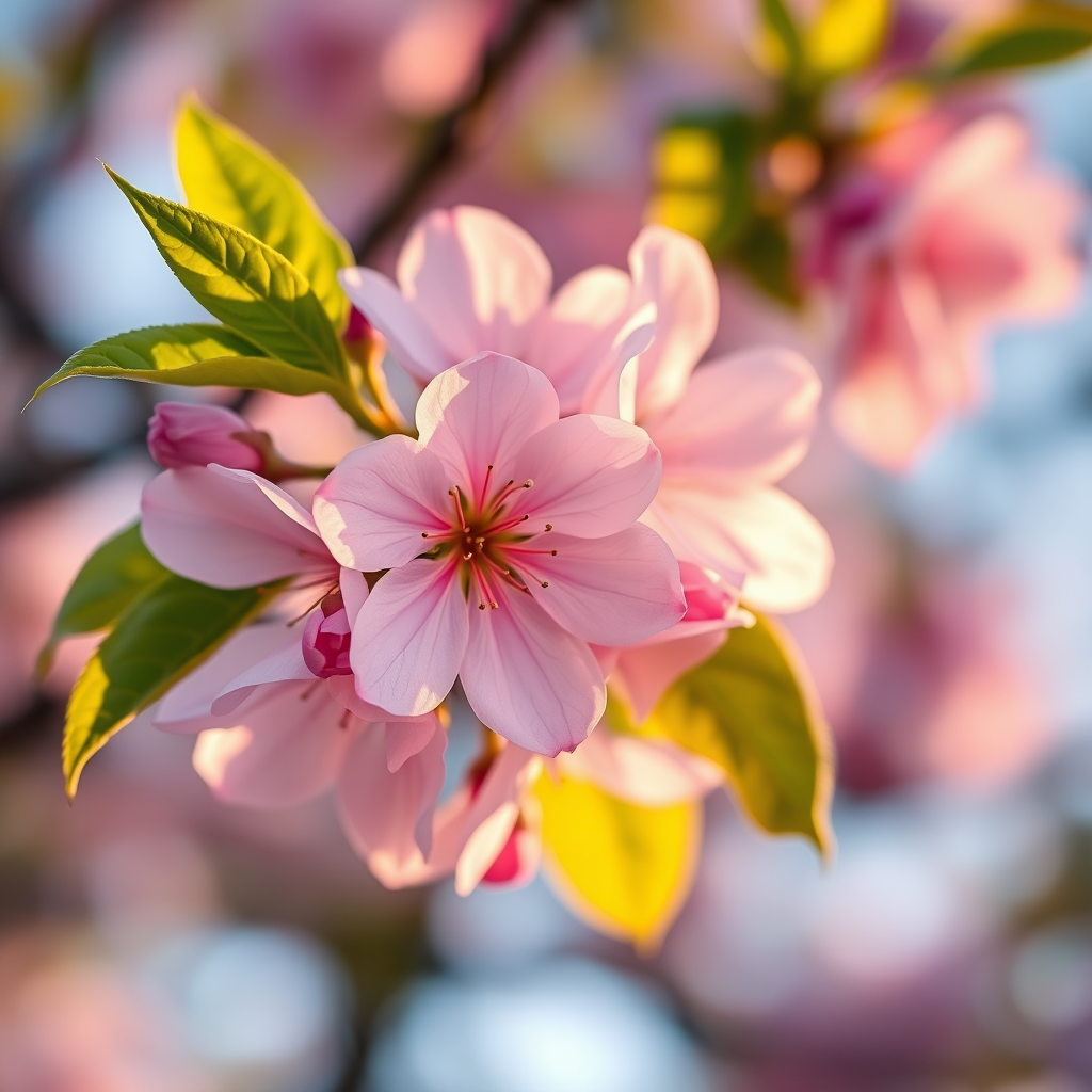 regenerate an image of cherry blossoms in soft focus, captured with a Canon EOS 5D Mark IV, 85mm lens, aperture f/1.8, ISO 200, in natural light during golden hour, emphasizing the delicate pink petals and green leaves against a blurred background