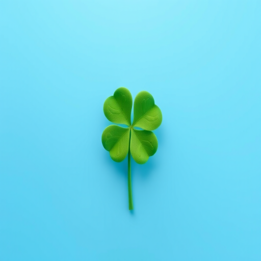 Create a realistic 3D rendering of a four-leaf clover on a smooth blue gradient background, using a Canon EOS R5 with a 50mm f/1.2 lens at f/2.8, ISO 100, and a slight vignette effect for emphasis.
