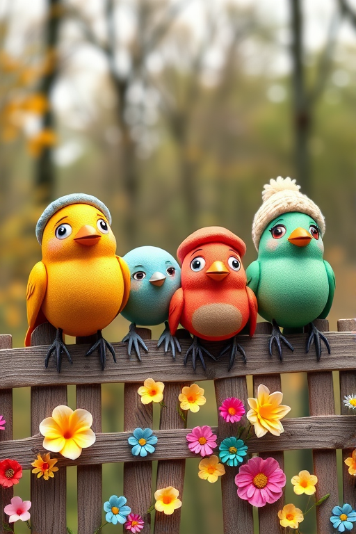 create a scene of 4 quirky  whimsical colourful comical birds each with a funny expression. they are sat on a wooden fence with colourful flowers. they are all different sizes. each one is a different colour  one is wearing a woolly hat. Each one has a different quirky google expression and there is a muted background of trees watercolour paintierly style high definition 8k resolution 3D paper mache