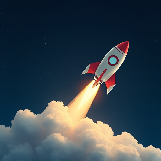 create an illustration of a rocket launching into space with a dark blue background and fluffy white clouds beneath it, using a high-resolution digital art style, captured with a wide-angle lens at f/8, ISO 100, and a 35mm digital camera for enhanced clarity and depth