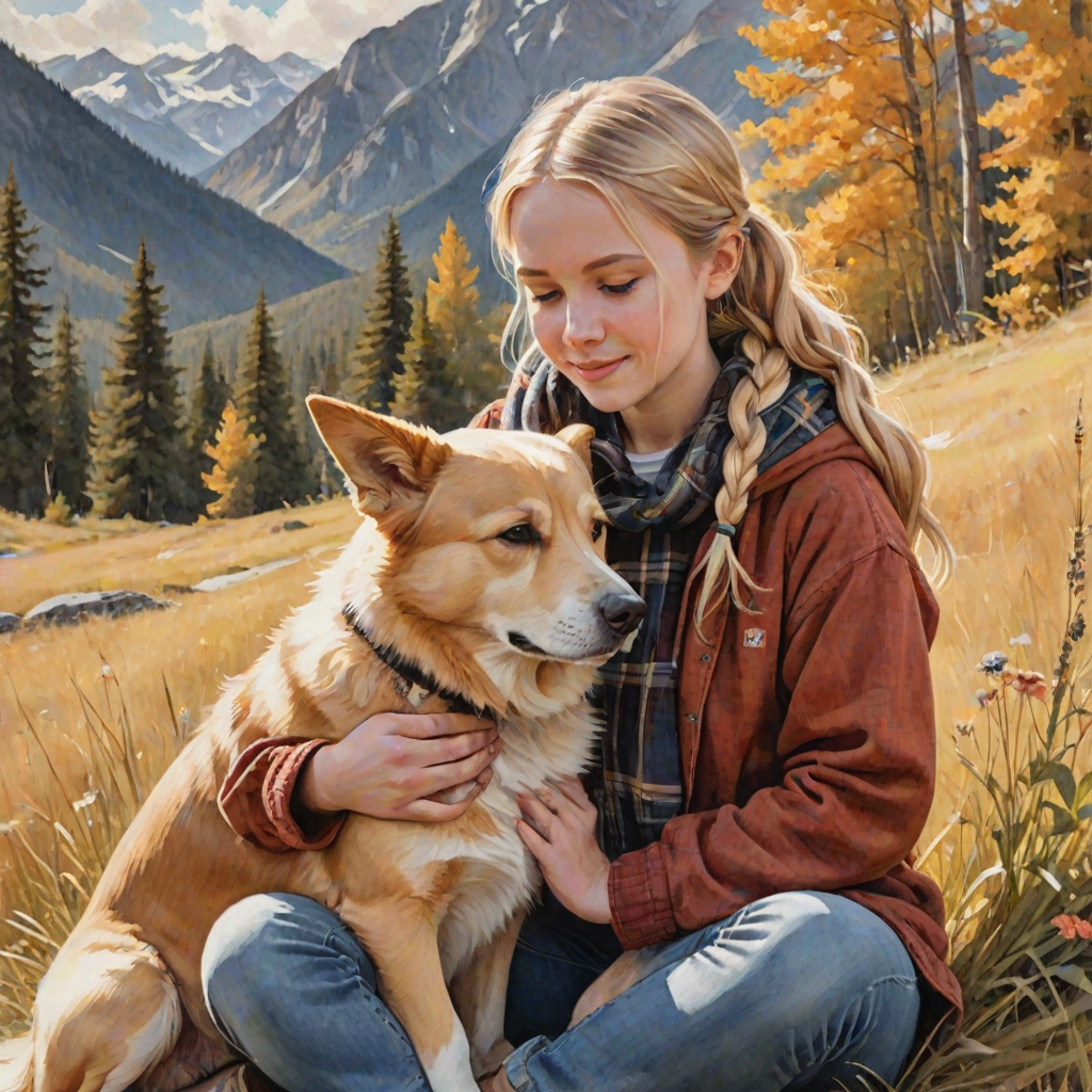 A detailed watercolor and acrylic illustration showing a heartwarming scene between a young blonde girl in pigtails and a Bearnaise Mountain dog. The girl, dressed in a rust hoodie, jeans, and a plaid scarf, gently rests her hand on the dog’s head. The dog, with black, copper, and white fur, sits beside her, tilting its head in affection. They sit on golden grass with wildflowers, against a sunny fall background. The artwork focuses on realistic textures and the tender bond between them.