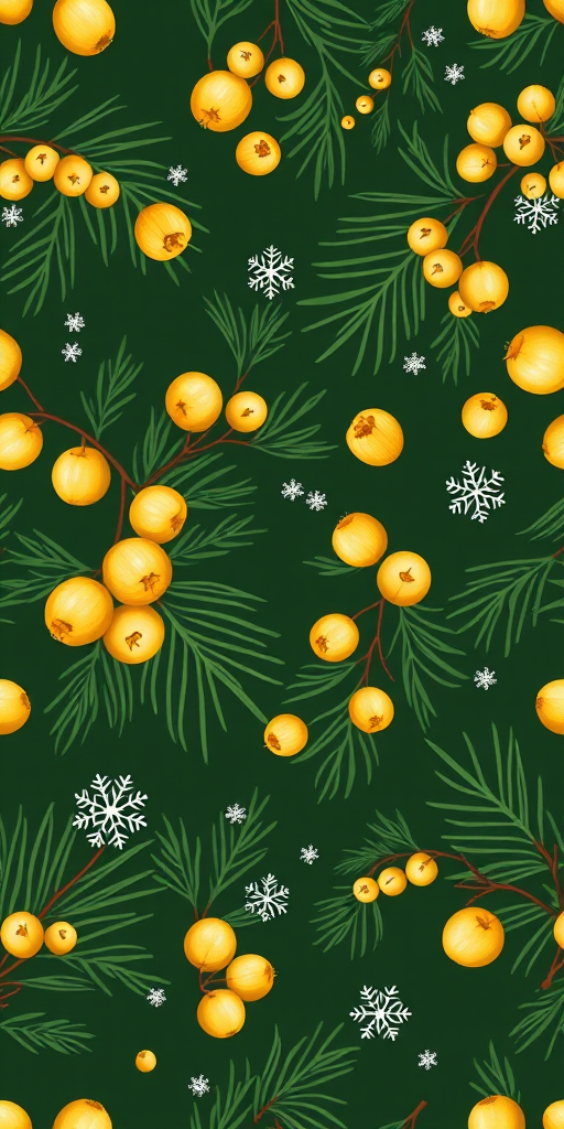 Create a seamless pattern of green forest elements featuring light yellow berries, pine needles, and white snowflakes on a dark green background, taken with a DSLR camera at f/2.8, ISO 100, 50mm lens, top-down view, painterly style.