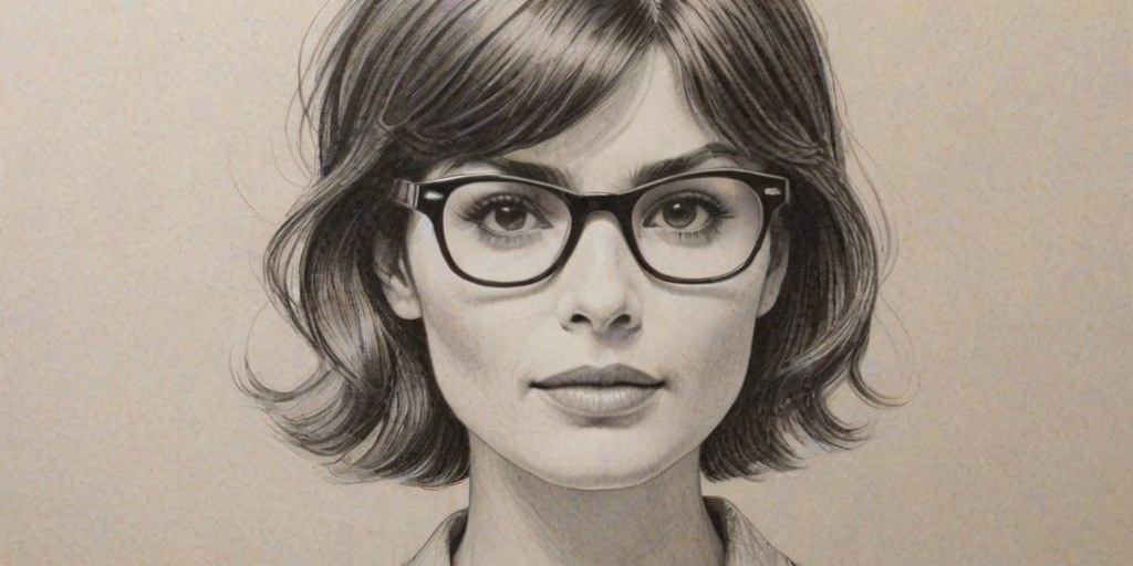 Gorgeous Audrey Tautou, pencil sketch, portrait of Fetching woman 1966s in glasses, hair style beatnik, outline, clear lines, fine lines, 8k