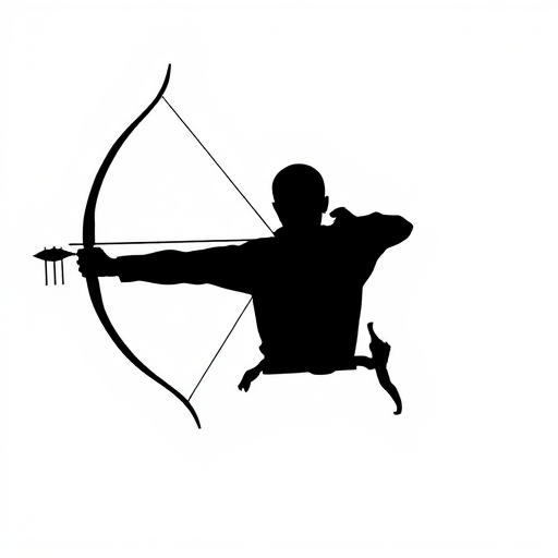 Create a vector image of an archer in silhouette form, aiming with a bow and arrows, using a minimalistic style, set against a white background; camera settings: ISO 100, aperture f/8, shutter speed 1/200s; camera view: frontal angle, camera style: digital illustration, camera type: vector graphics software.