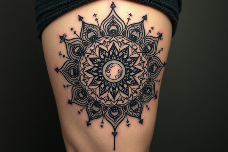 Surrealist blackwork tattoo called "Dreamweaver's Vision" featuring intricate mandala patterns morphing into cosmic imagery with stars and planets, creating a mesmerizing optical illusion on the thigh