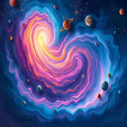create a vibrant cosmic illustration featuring colorful swirls of space, planets, and stars with a dreamy atmosphere, use a Canon EOS R5 with a 24-70mm f/2.8 lens, set aperture to f/4, ISO 100, shutter speed 1/125s, shoot from a slightly elevated angle, in a digital painting style for enhanced detail and clarity