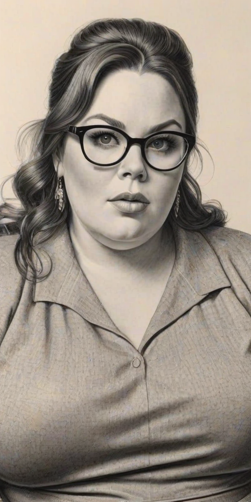 Enticing Chrissy Metz, pencil sketch, portrait of Stunning woman 1963s in glasses, hair style beatnik, outline, clear lines, fine lines, 8k