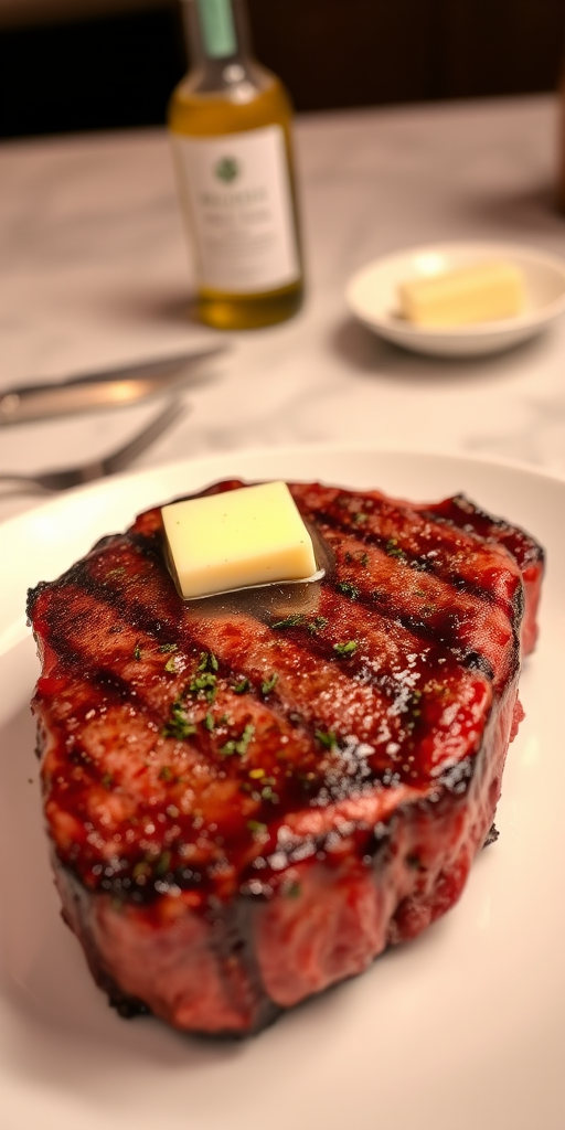 Create an image of a perfectly seared ribeye steak, resting on a white plate with a pat of melting butter on top. The steak is seasoned with fresh herbs like thyme and parsley, with glistening juices highlighting the texture of the meat. The background features a soft focus on a light, marble countertop, with a small dish of butter and an olive oil bottle in the distance. The overall mood should be warm and inviting, capturing the deliciousness and juiciness of the steak.