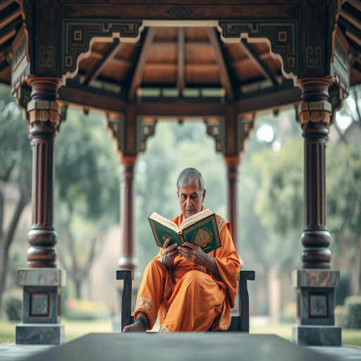 Regenerate the image of a person in traditional attire sitting in a pavilion reading a book, using a Canon EOS R5 with a 50mm f/1.2 lens, aperture set to f/2.8, ISO 200, natural lighting, capturing at eye level, with a shallow depth of field for enhanced focus on the subject and a soft bokeh background.
