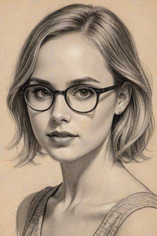 Exquisite Meaghan Martin, pencil sketch, portrait of Appealing woman 1924s in glasses, hair style beatnik, outline, clear lines, fine lines, 8k