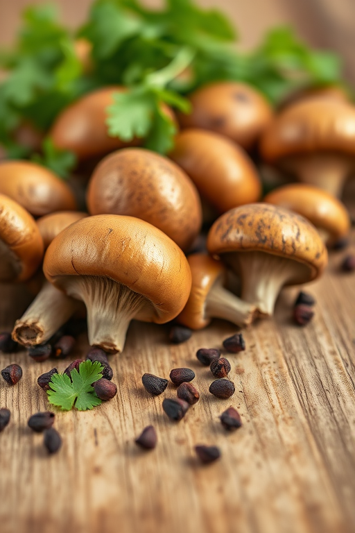 mushrooms on a wooden surface with scattered peppercorns and fresh cilantro, close-up shot, shallow depth of field, natural lighting, ISO 100, f/2.8, 50mm lens, DSLR camera