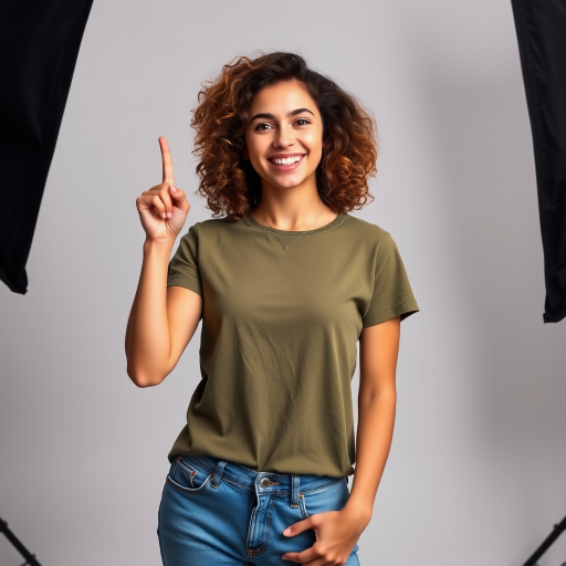 Create a portrait of a young woman with curly hair, wearing an olive green t-shirt and blue jeans, pointing upwards with a smile, captured in a well-lit studio setting, using a Canon EOS R5 with a 50mm lens, aperture set at f/1.8, ISO 100, and a softbox for even lighting.