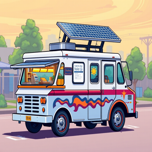 create a detailed, high-resolution vector illustration of a food truck with solar panels on the roof, showcasing vibrant colors and clear lines, using a DSLR camera with a 50mm lens, aperture set to f/8 for sharpness, ISO 100 for clarity, and shooting at eye level for a realistic perspective.